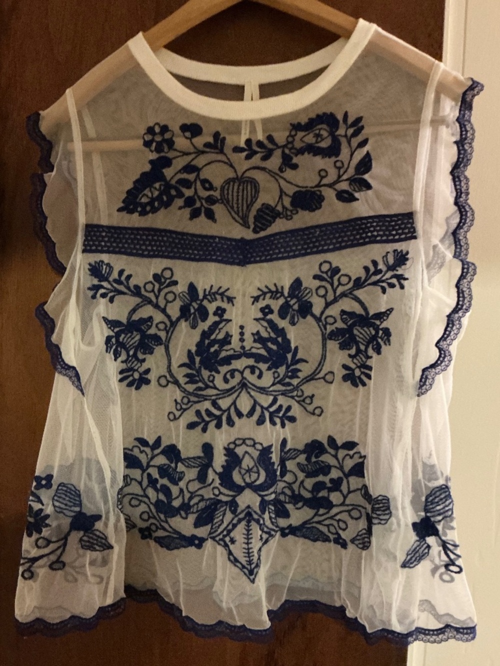 Anthropologie White Sheer Blouse with Navy Blue Embroidery
